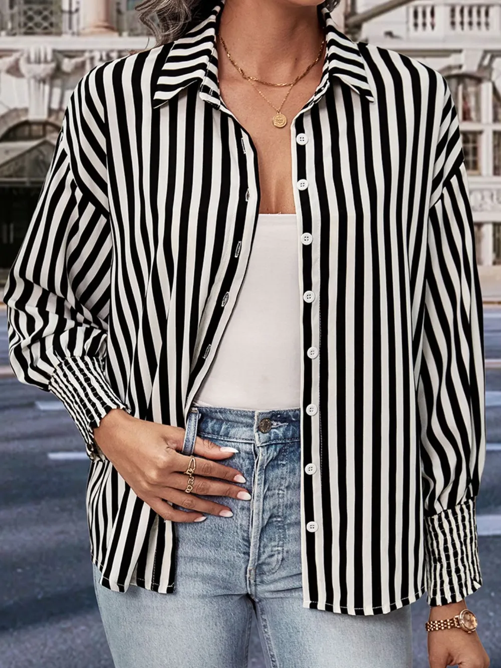 Striped Dropped Shoulder Smocked Wristband Shirt, image 3
