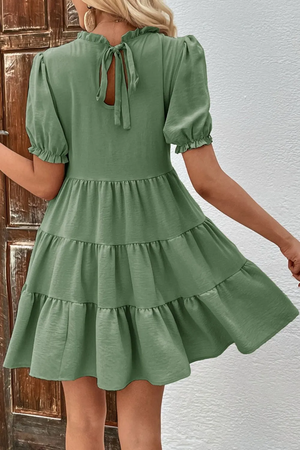 Puff Sleeve Tie Back Tiered Dress, image 7