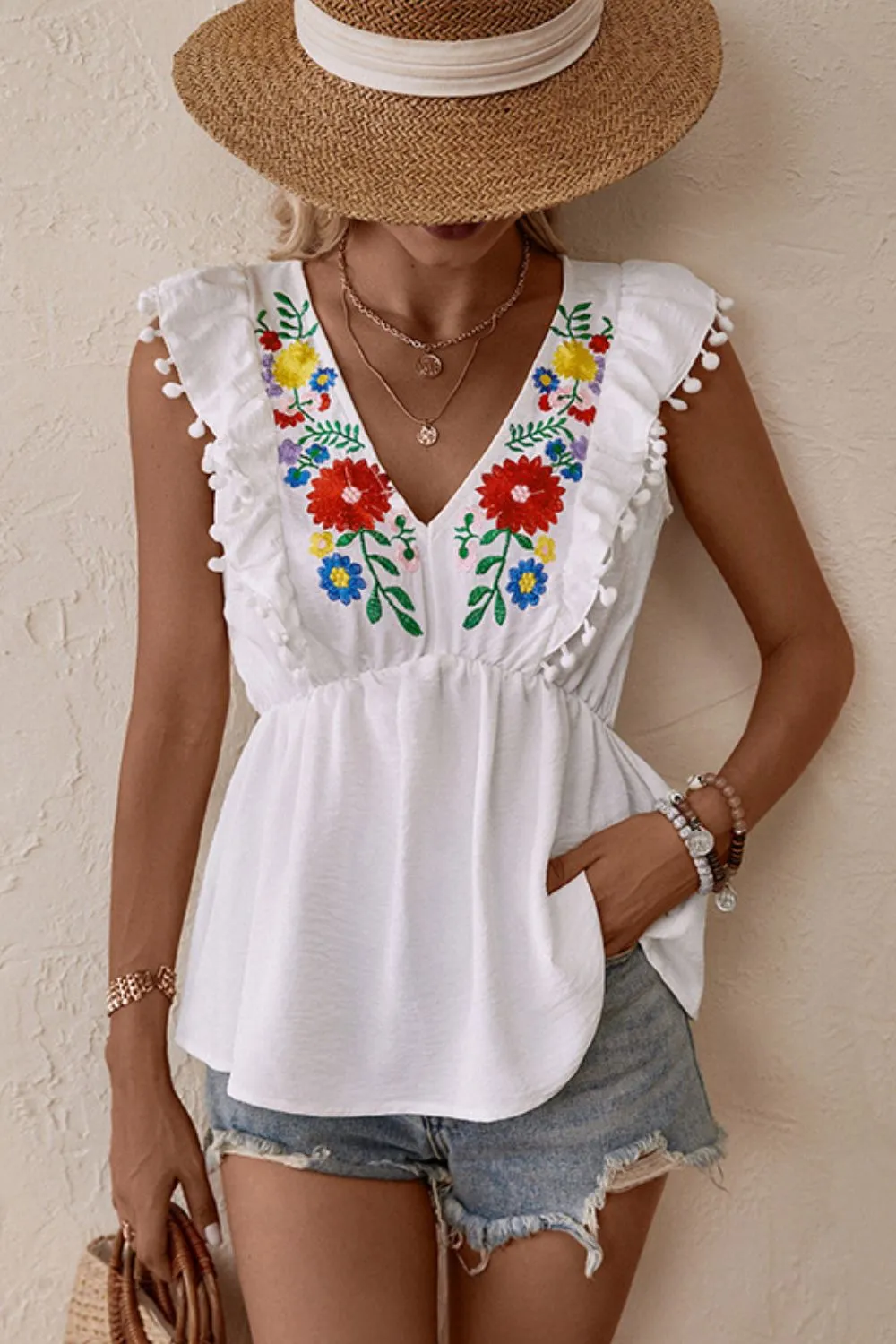 Embroidered Pom-Pom Trim Cap Sleeve Babydoll Top, image 4