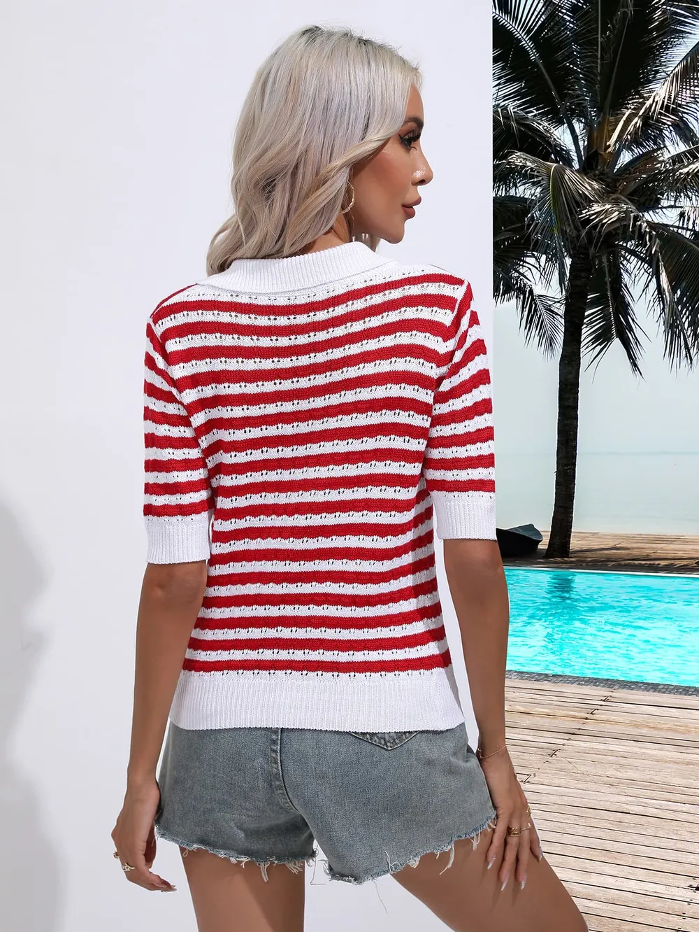 Striped Johnny Collar Half Sleeve Knit Top, image 3