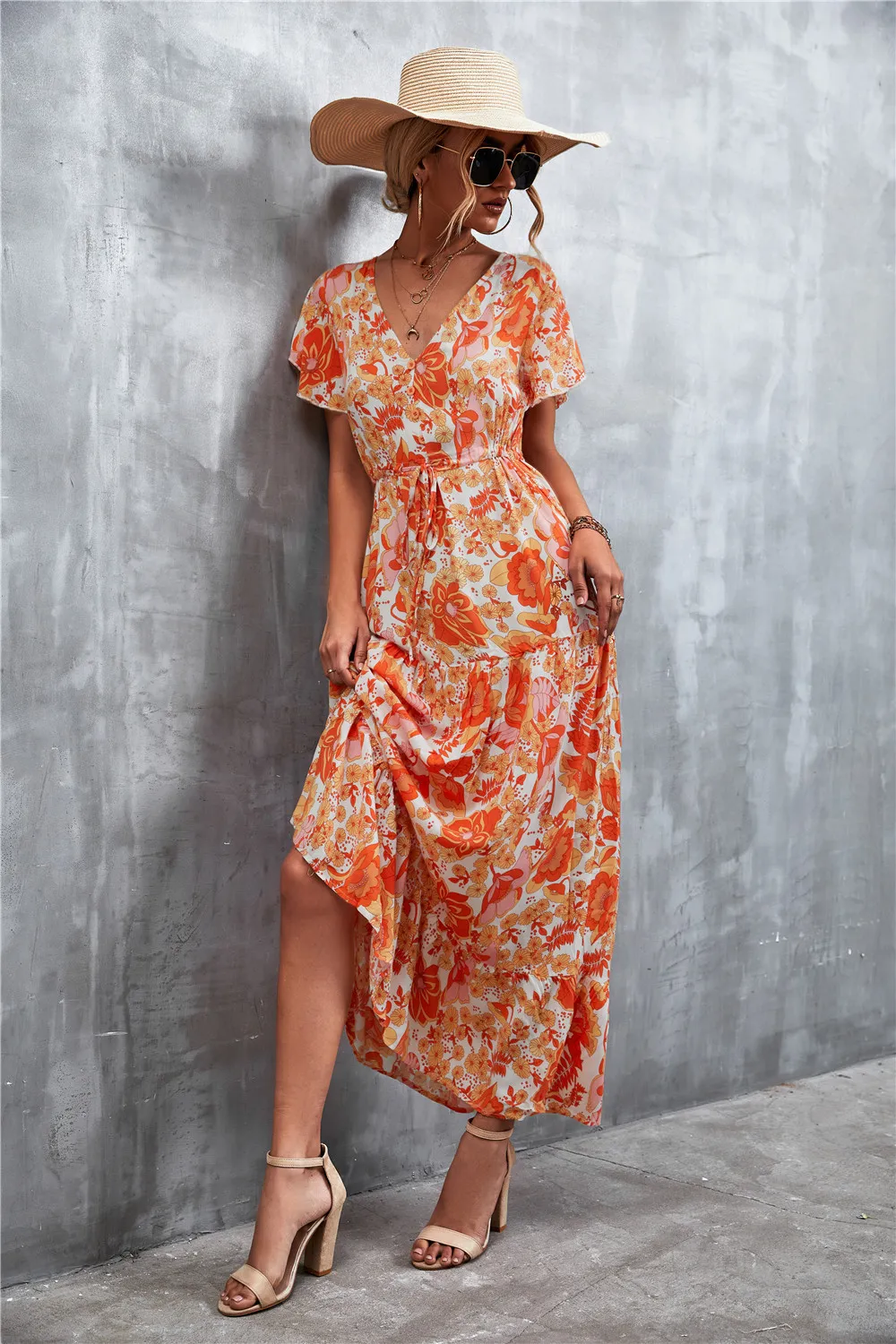 Floral Buttoned Drawstring Waist Tiered Dress, image 4
