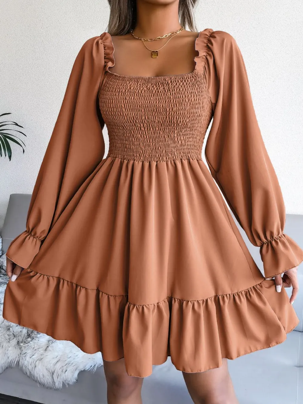 Smocked Flounce Sleeve Square Neck Dress, image 17
