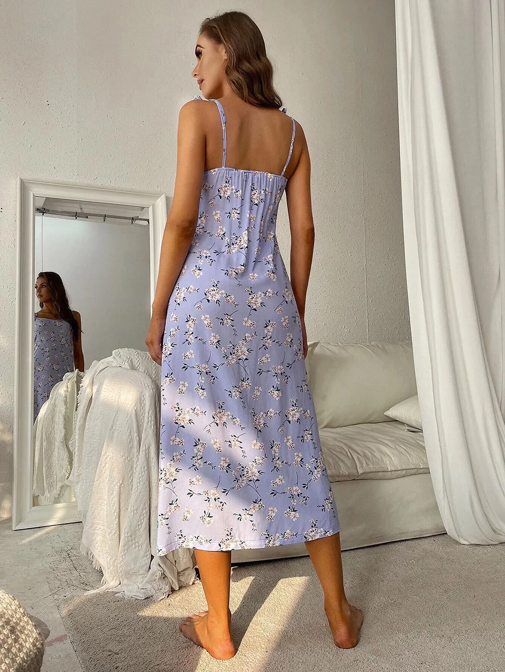Printed Tie Shoulder Midi Night Dress, image 9