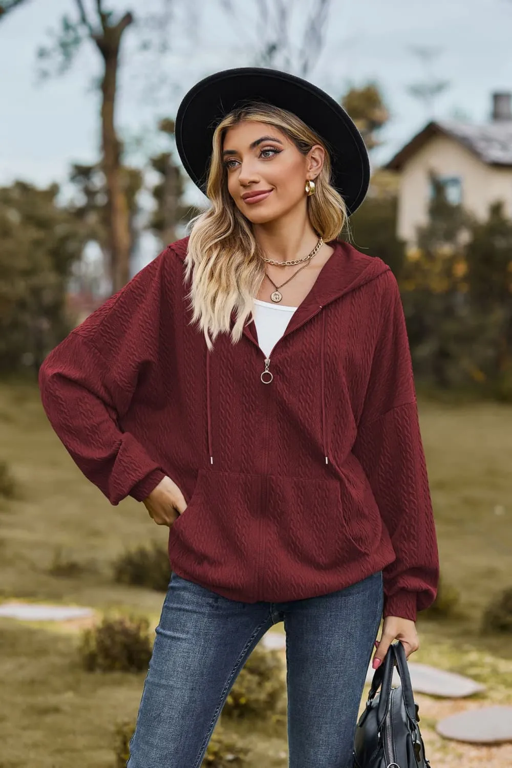 Cable-Knit Long Sleeve Hooded Jacket, image 14
