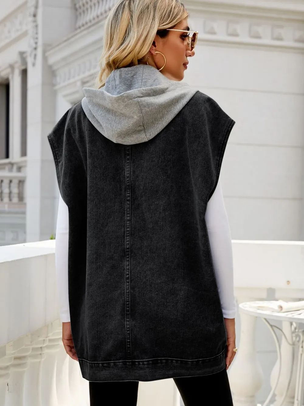 Hooded Sleeveless Denim Top with Pockets, image 5