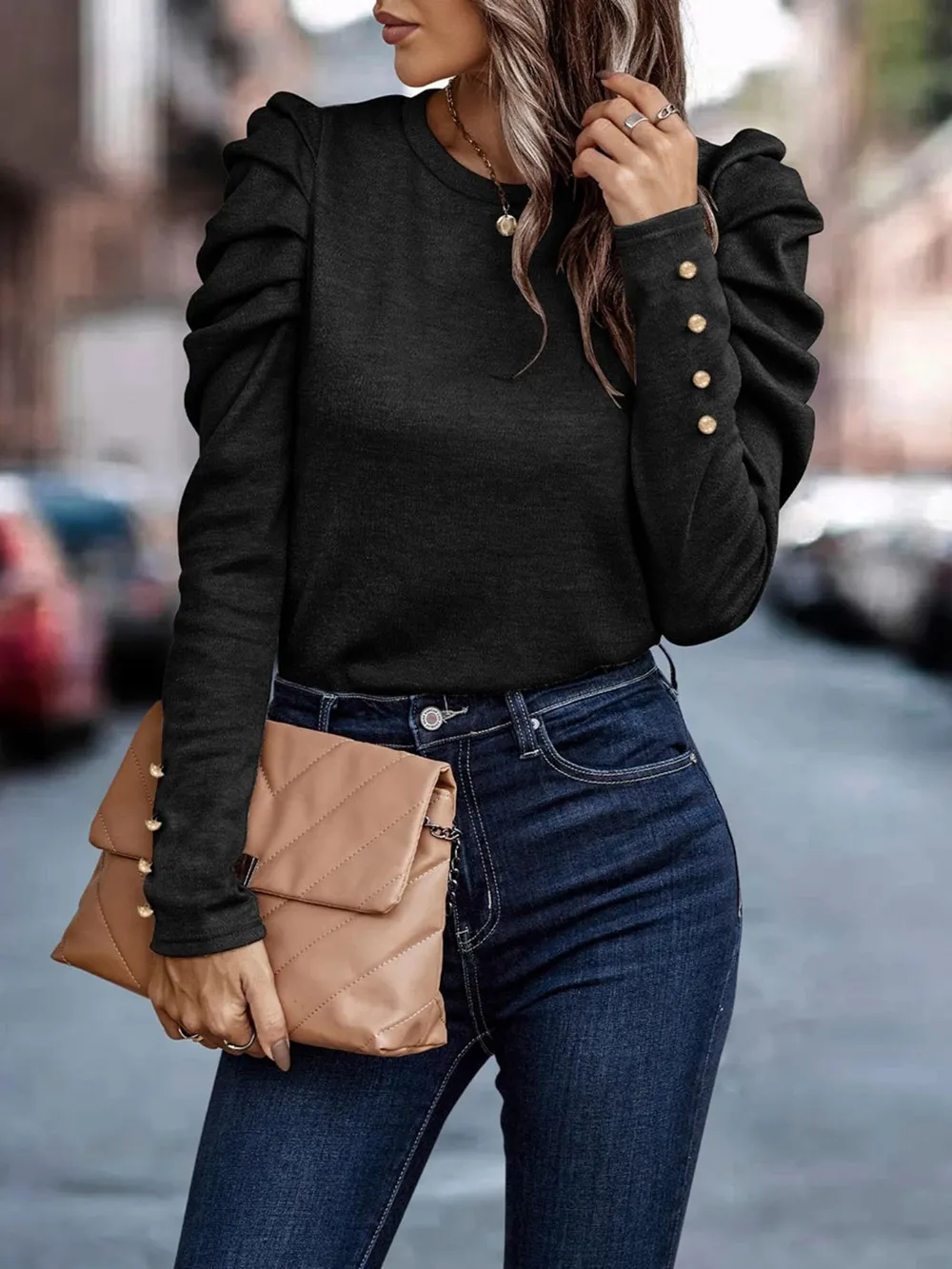 Decorative Button Puff Sleeve T-Shirt, image 6