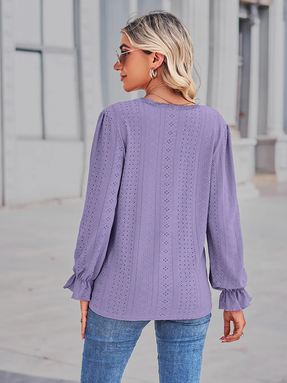 Eyelet V-Neck Flounce Sleeve Blouse, image 12