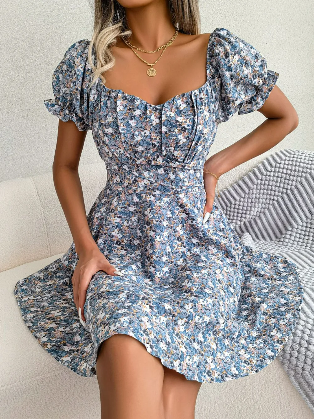 Floral Sweetheart Neck Flounce Sleeve Mini Dress, image 5