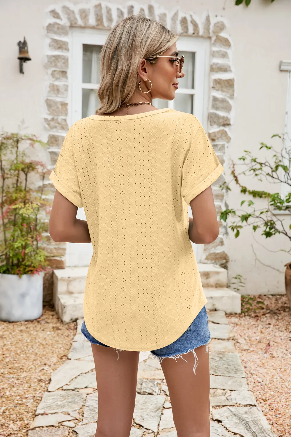 Full Size Round Neck Eyelet Short Sleeve Top, image 15