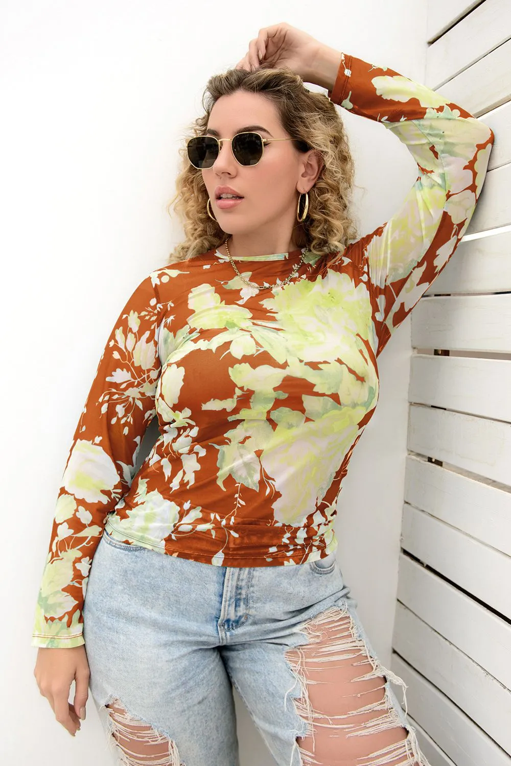 Plus Size Printed Round Neck Long Sleeve Blouse, image 7