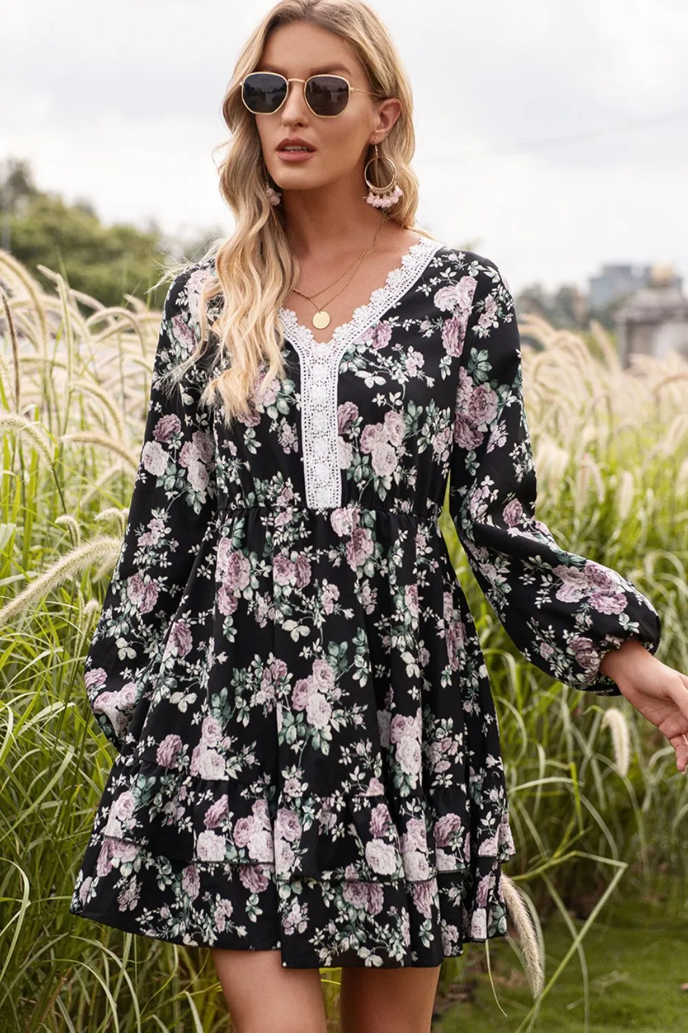 Floral Lace Trim Long Sleeve Dress, image 4
