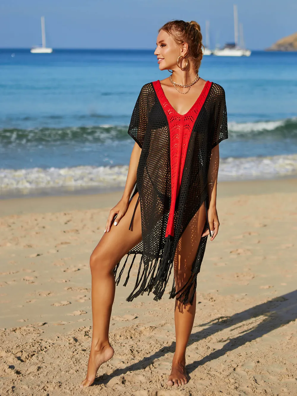 Contrast Fringe Trim Openwork Cover-Up Dress, image 16