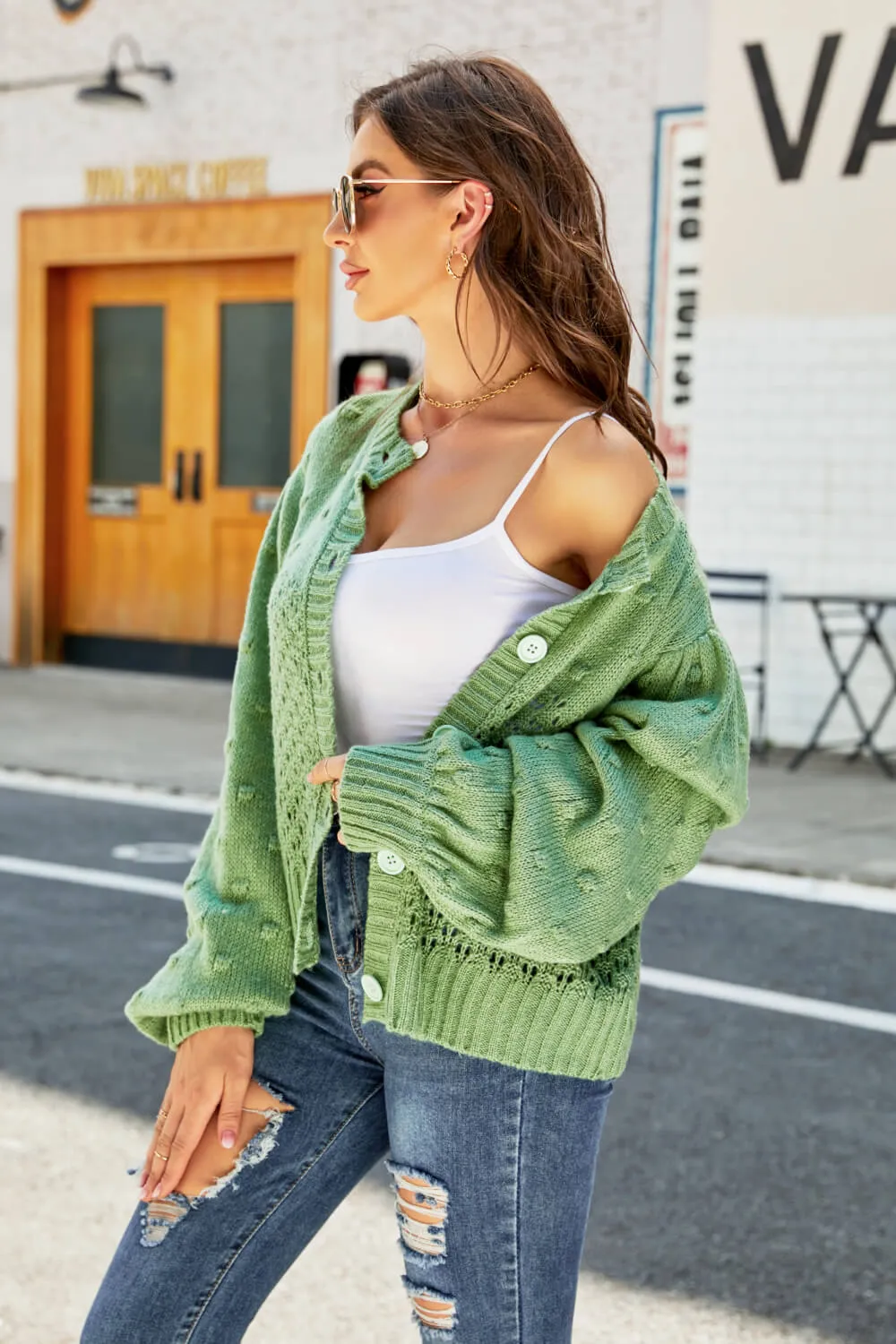 Openwork Pompom Puff Sleeve Cardigan, image 6