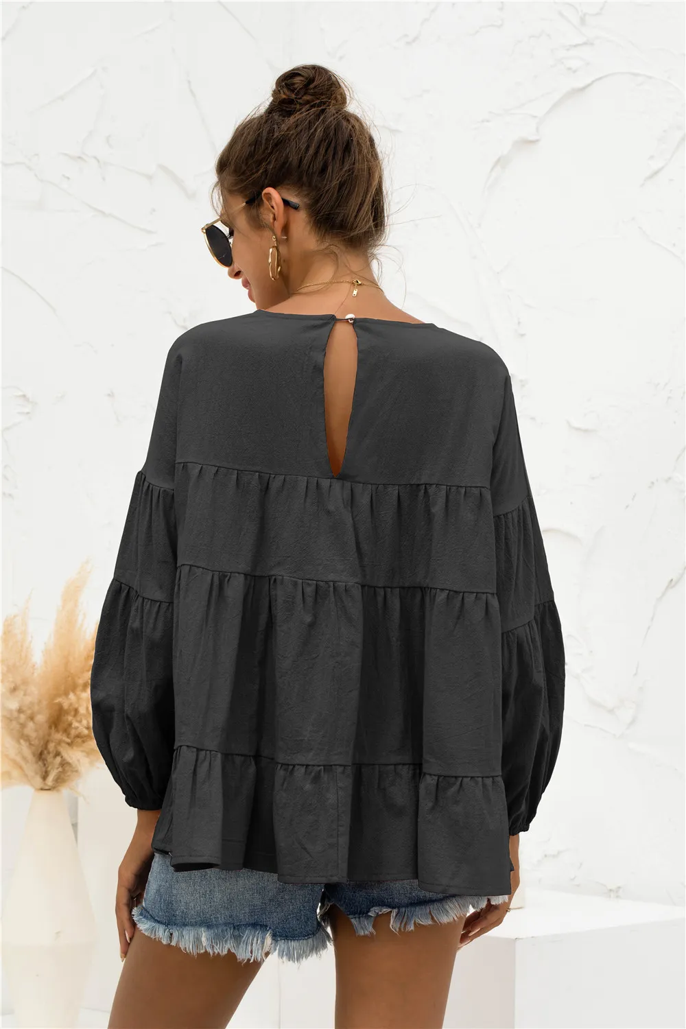 Round Neck Bubble Sleeve Tiered Blouse, image 8