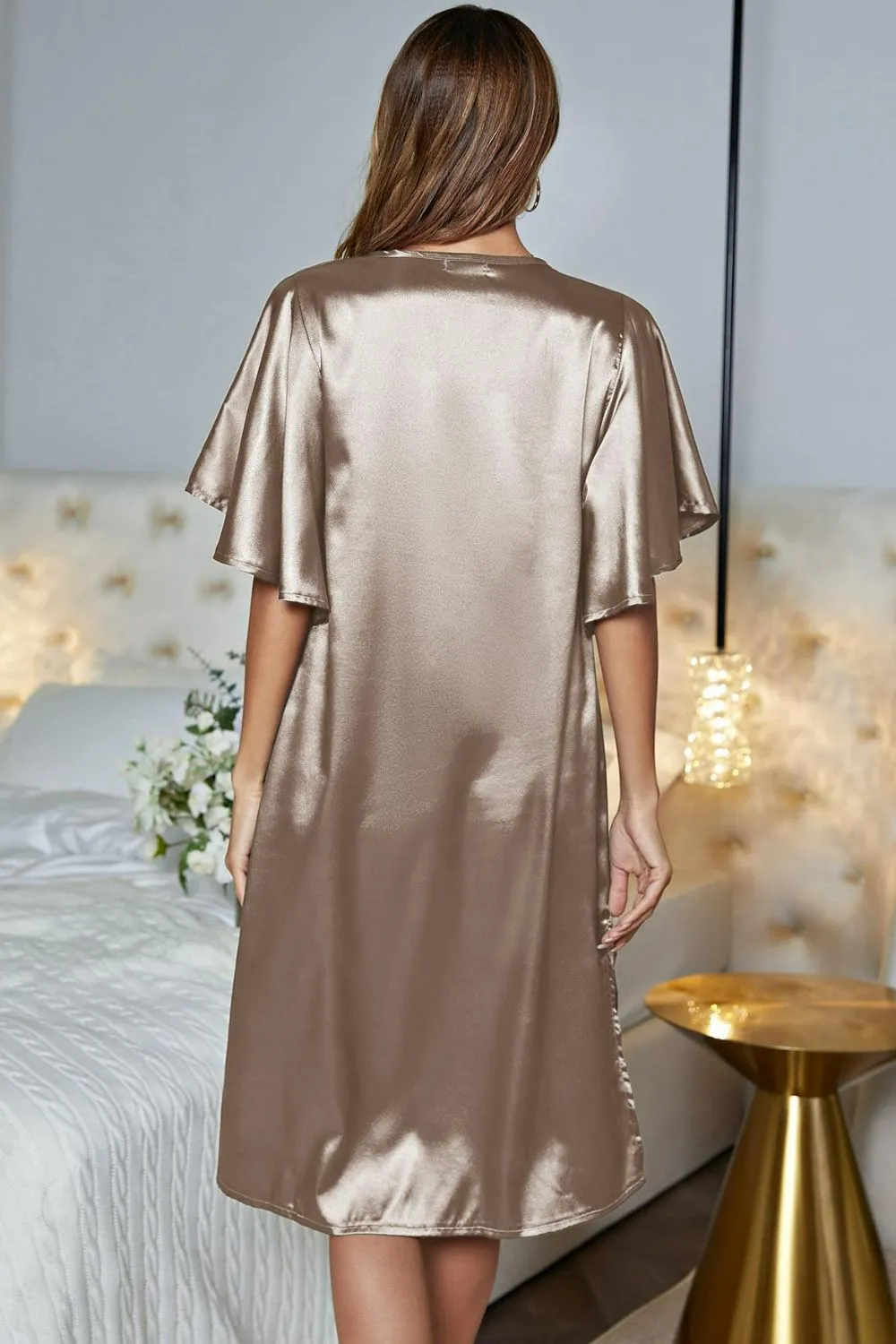 Satin Flutter Sleeve Side Slit V-Neck Night Dress, image 13