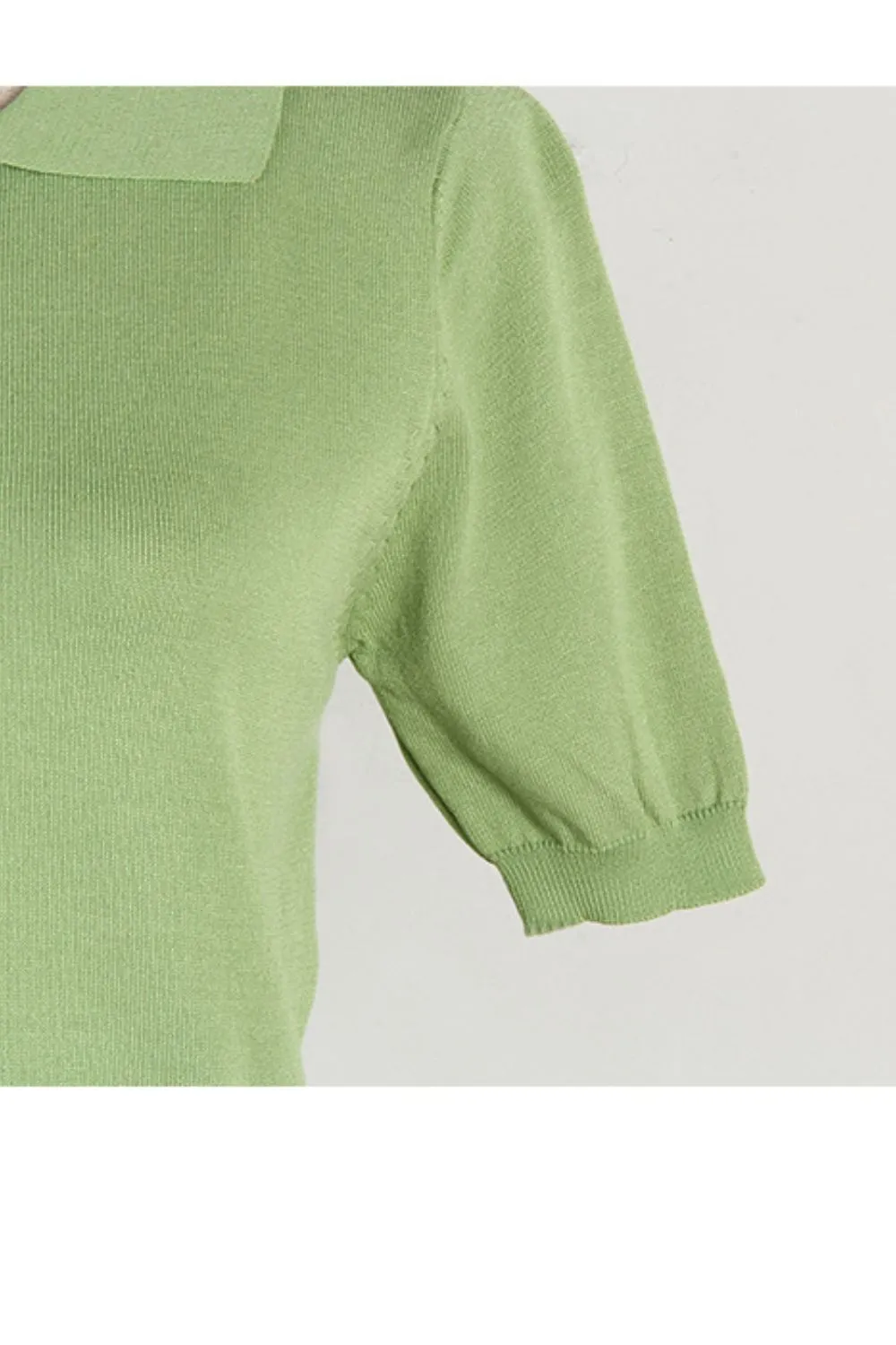Buttoned Collared Neck Short Sleeve Knit Top, image 6