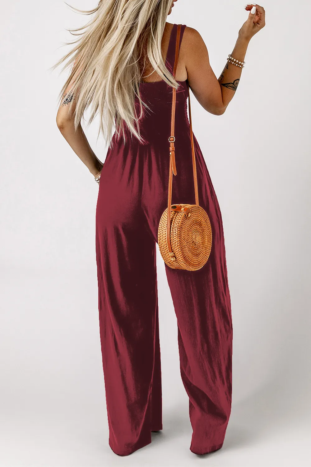 Smocked Square Neck Wide Leg Jumpsuit with Pockets, image 7