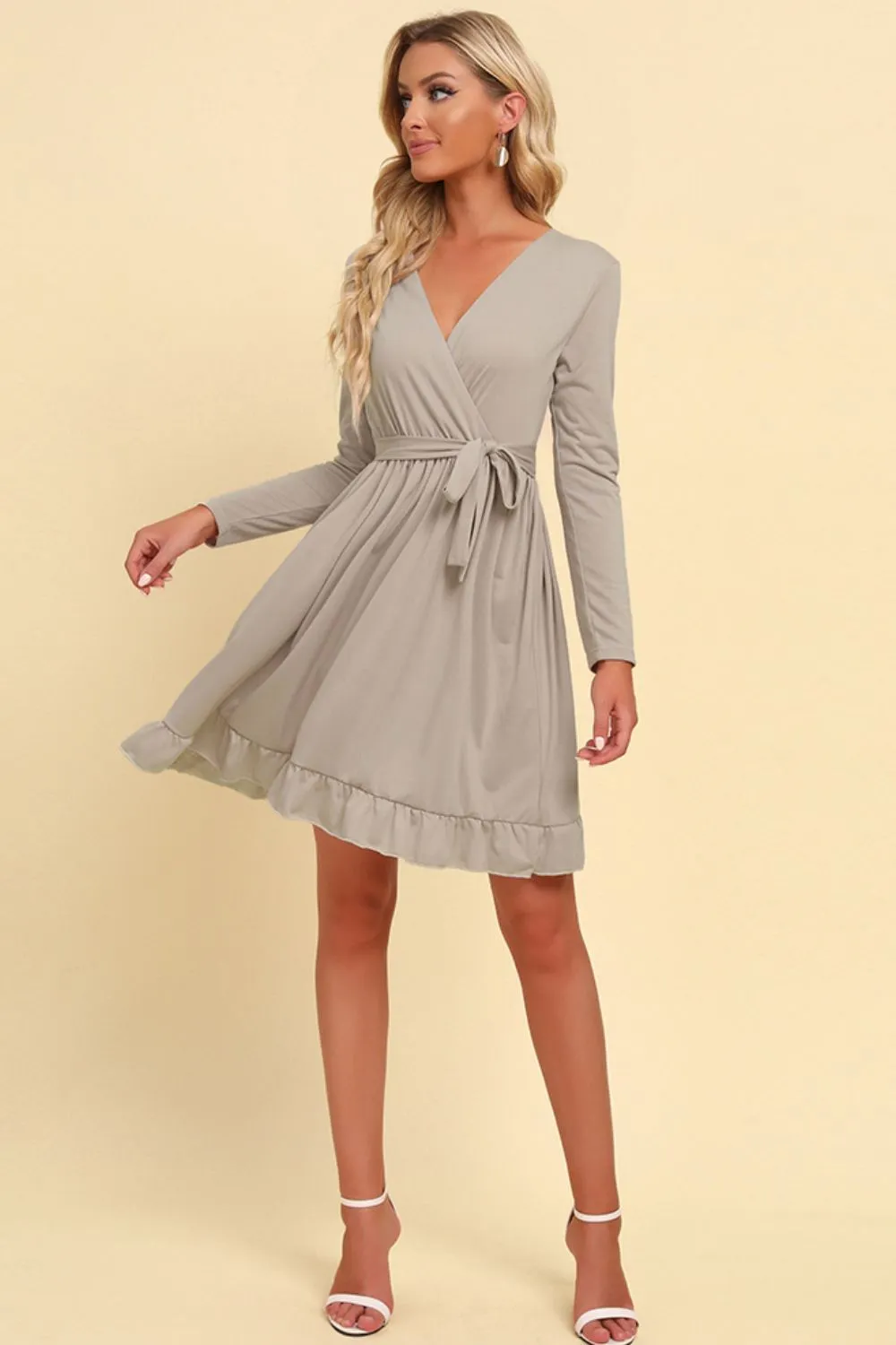 Long Sleeve Tie Waist Ruffle Hem Dress, image 5