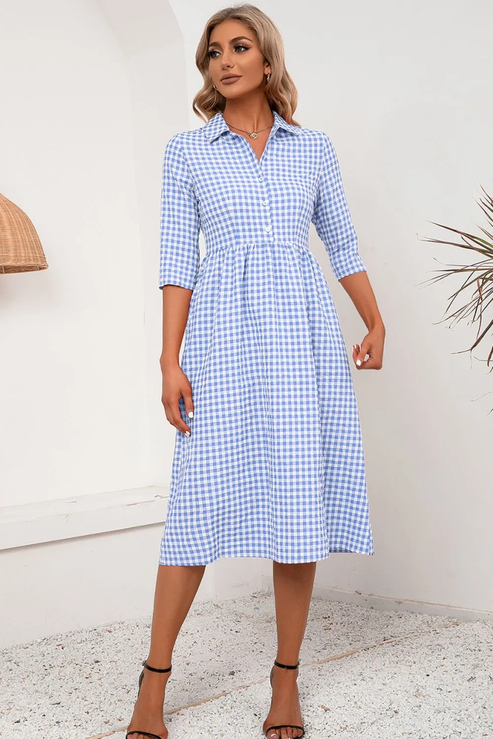 Plaid Collared Neck Midi Dress, image 7