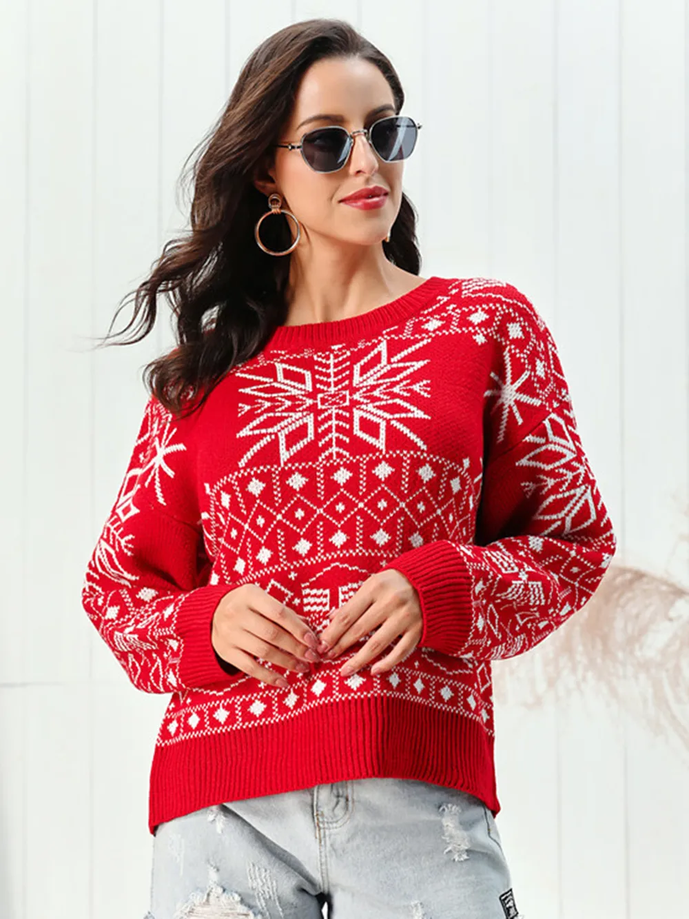 Snowflake Pattern Round Neck Sweater, image 3