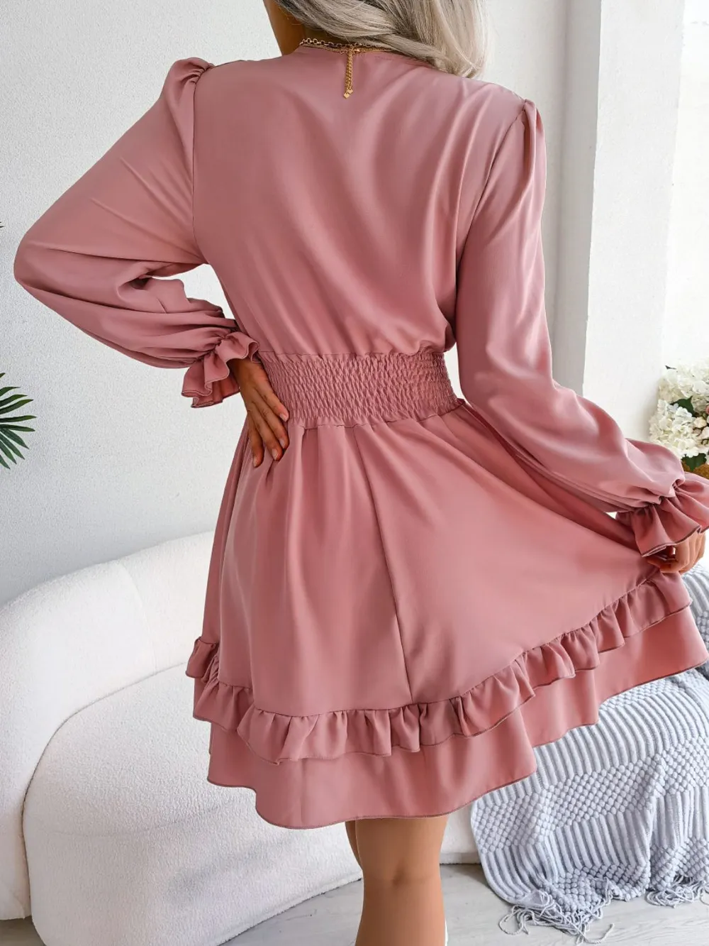 Tie Front Smocked Waist Flounce Sleeve Dress, image 2