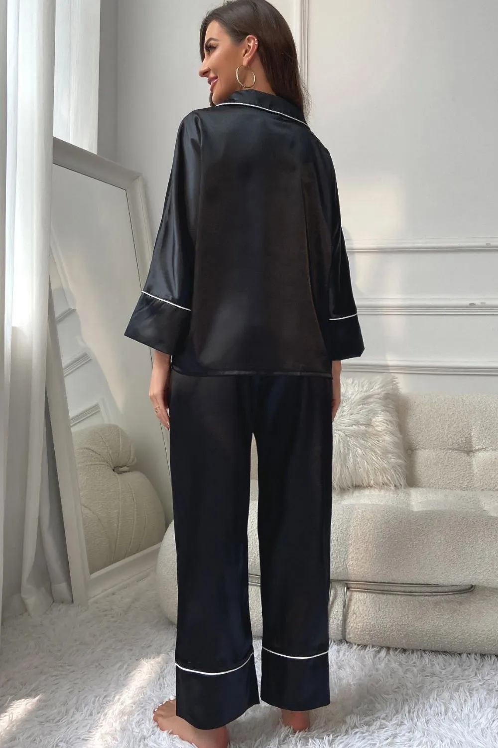 Contrast Piping Button-Up Top and Pants Pajama Set, image 3