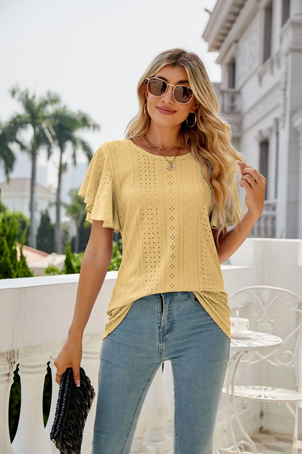 Eyelet Flutter Sleeve Round Neck Top, image 19