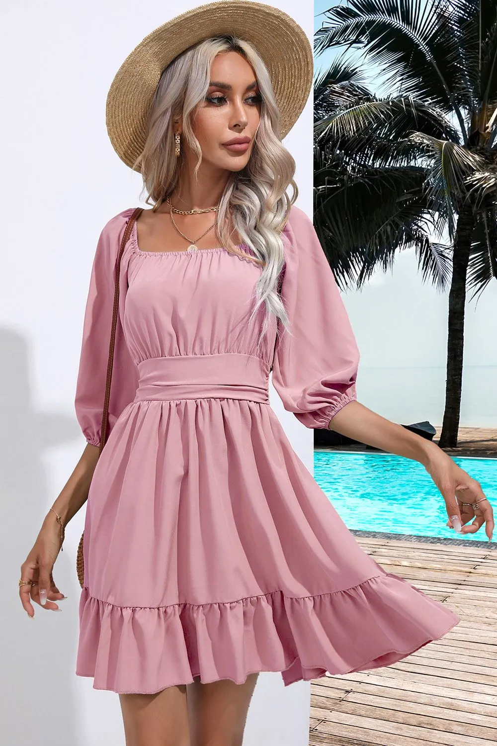 Square Neck Tie Back Ruffle Hem Dress, image 9