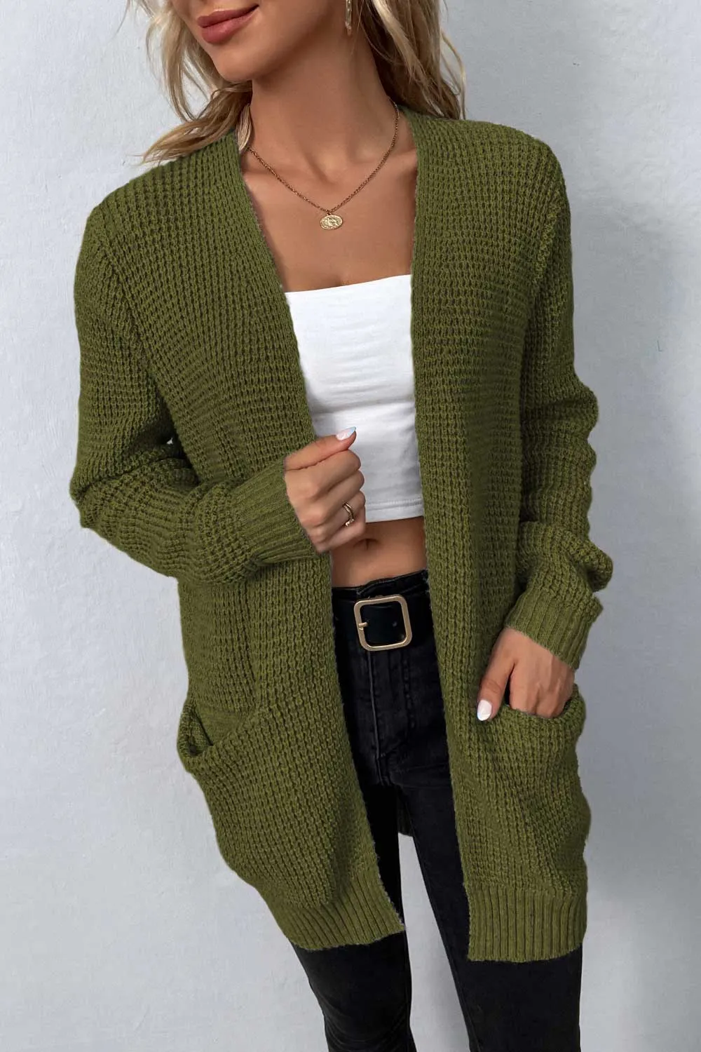 Rib-Knit Open Front Pocketed Cardigan, image 13