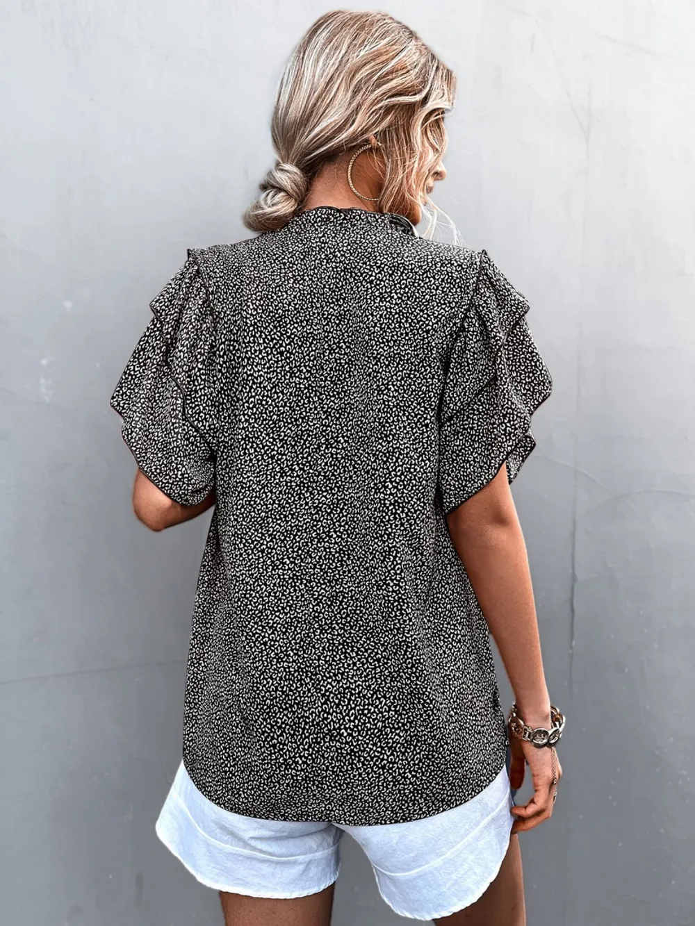 Printed Flutter Sleeve V-Neck Top, image 3