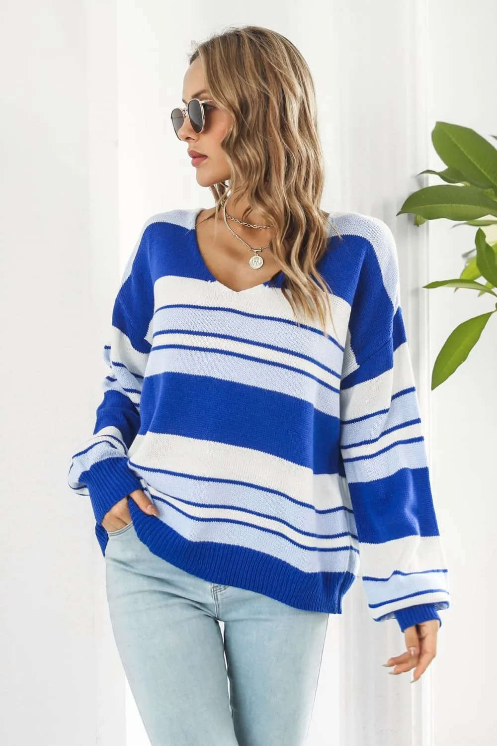 Striped V-Neck Dropped Shoulder Sweater, image 3