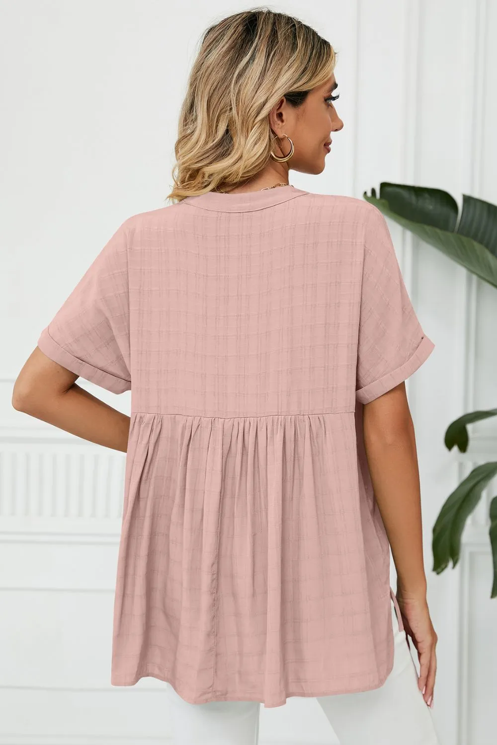 Side Slit Notched Neck Cuffed Short Sleeve Blouse, image 3