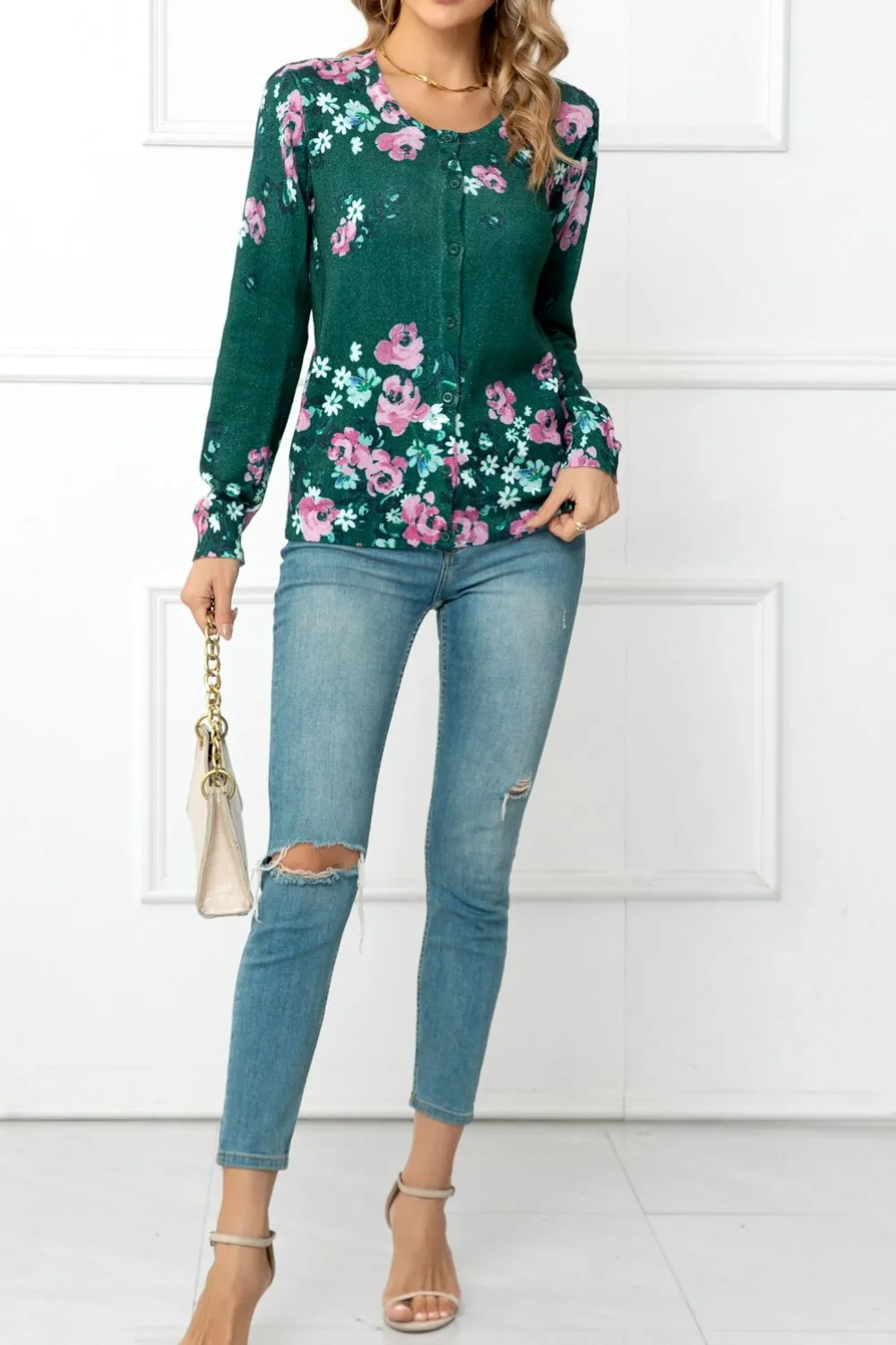 Floral Button Front Round Neck Cardigan, image 12