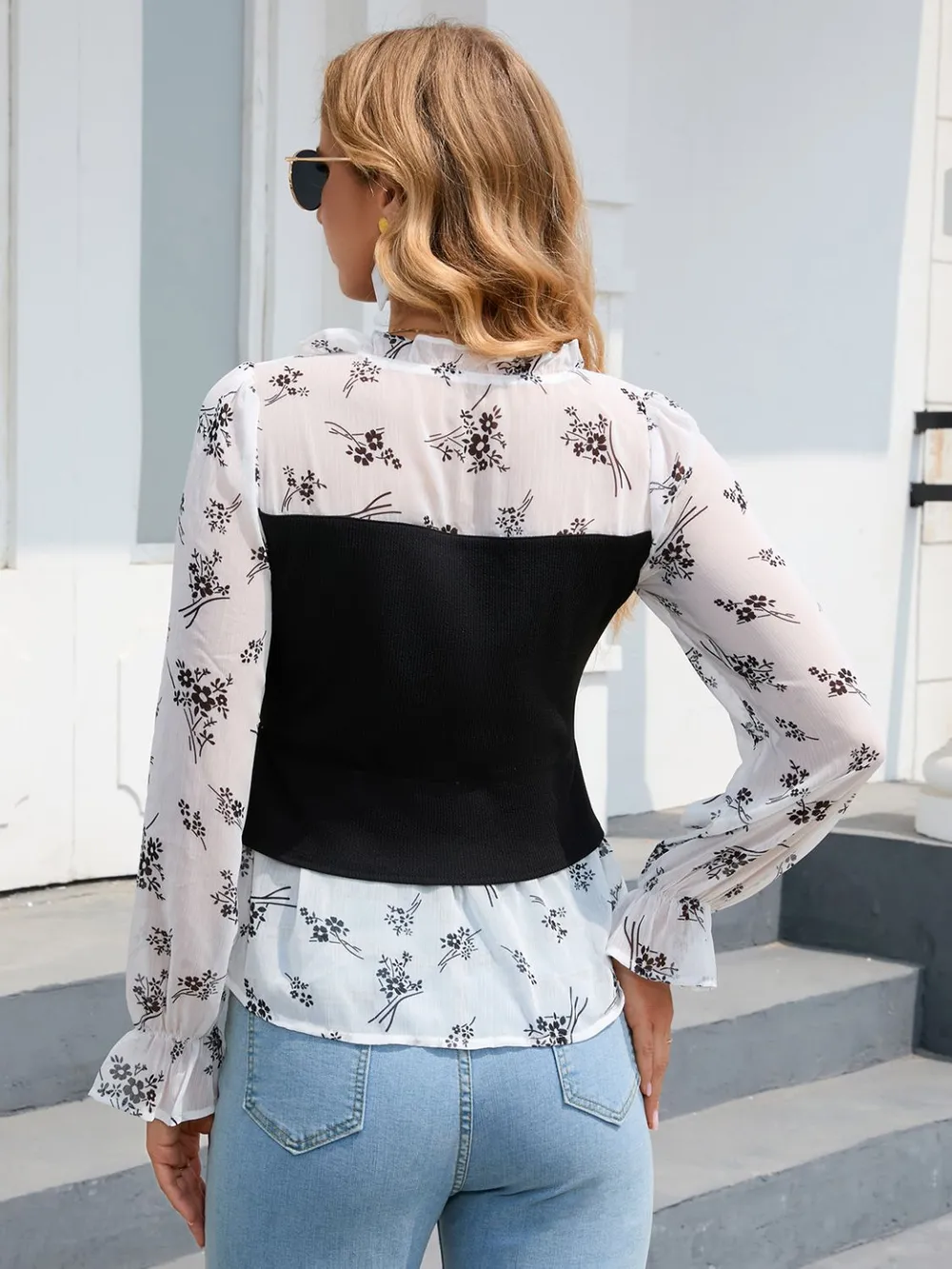Floral Frill Trim Flounce Sleeve Drawstring Blouse, image 2