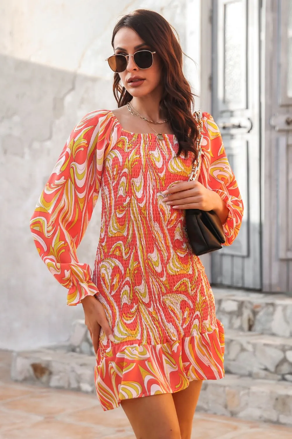 Abstract Print Square Neck Smocked Dress, image 9