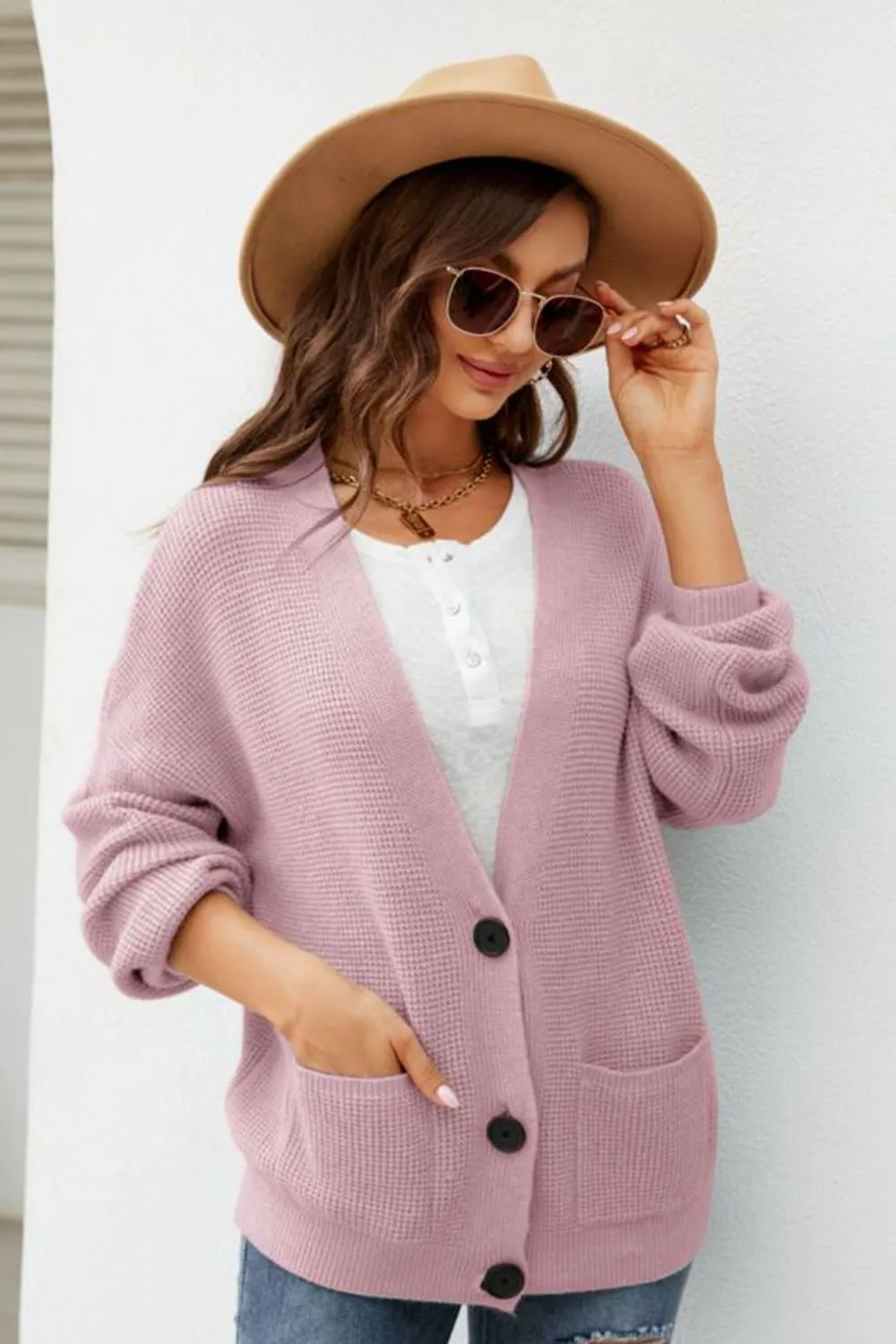 Waffle-Knit Dropped Shoulder Cardigan, image 7