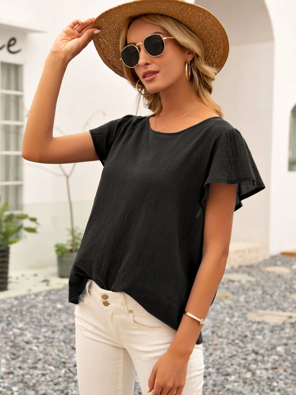 Round Neck Cutout Tie Back Top, image 4