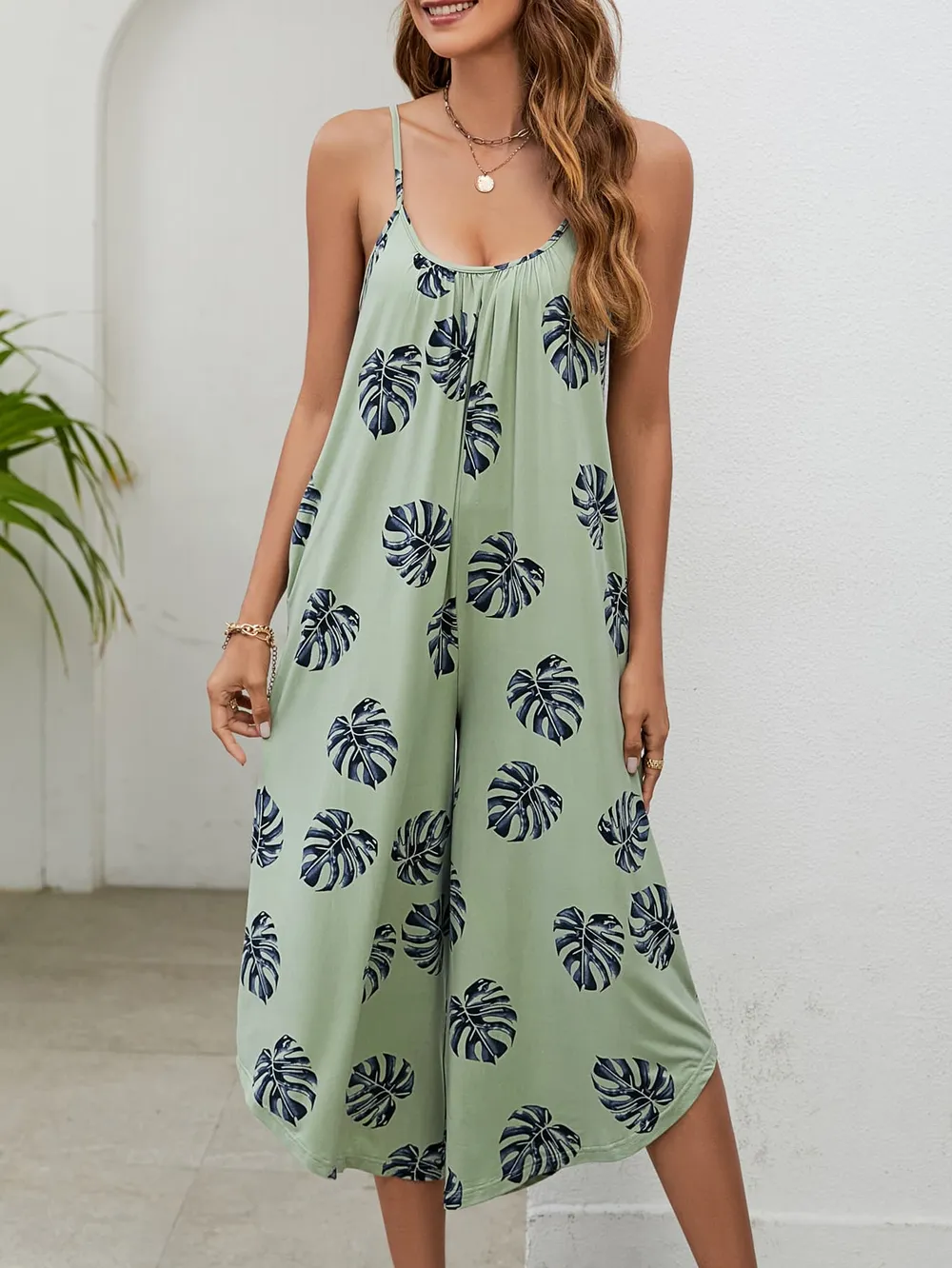 Botanical Print Spaghetti Strap Scoop Neck Jumpsuit, image 2