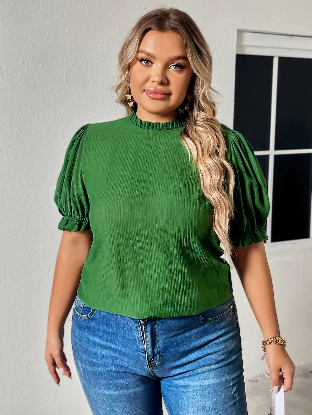 Plus Size Round Neck Flounce Sleeve Blouse, image 4