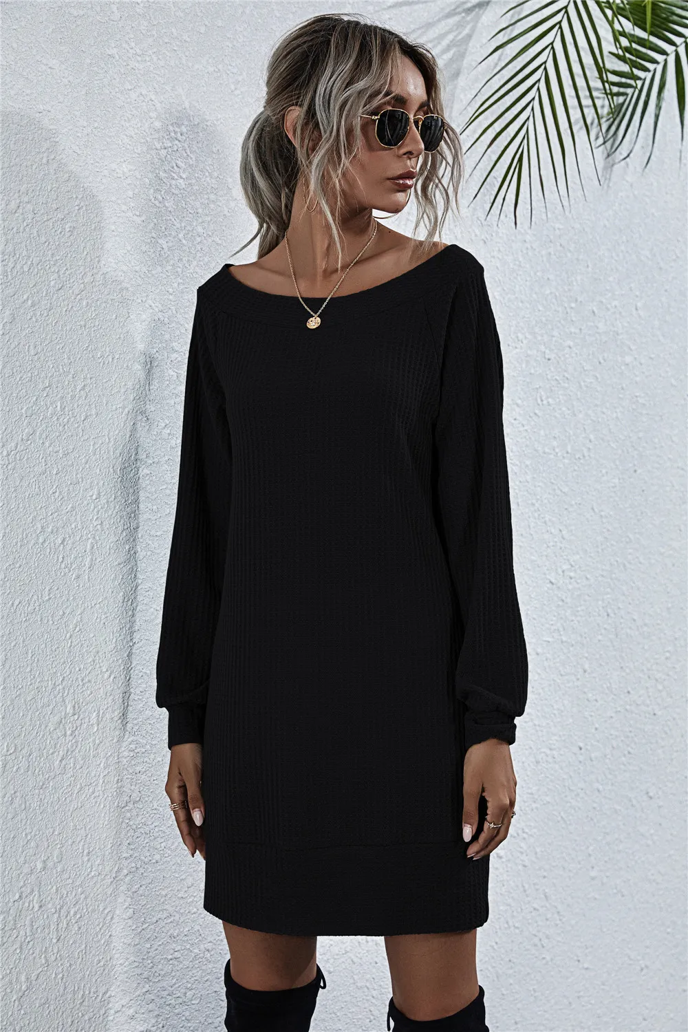 Waffle-Knit Boat Neck Mini Dress, image 6
