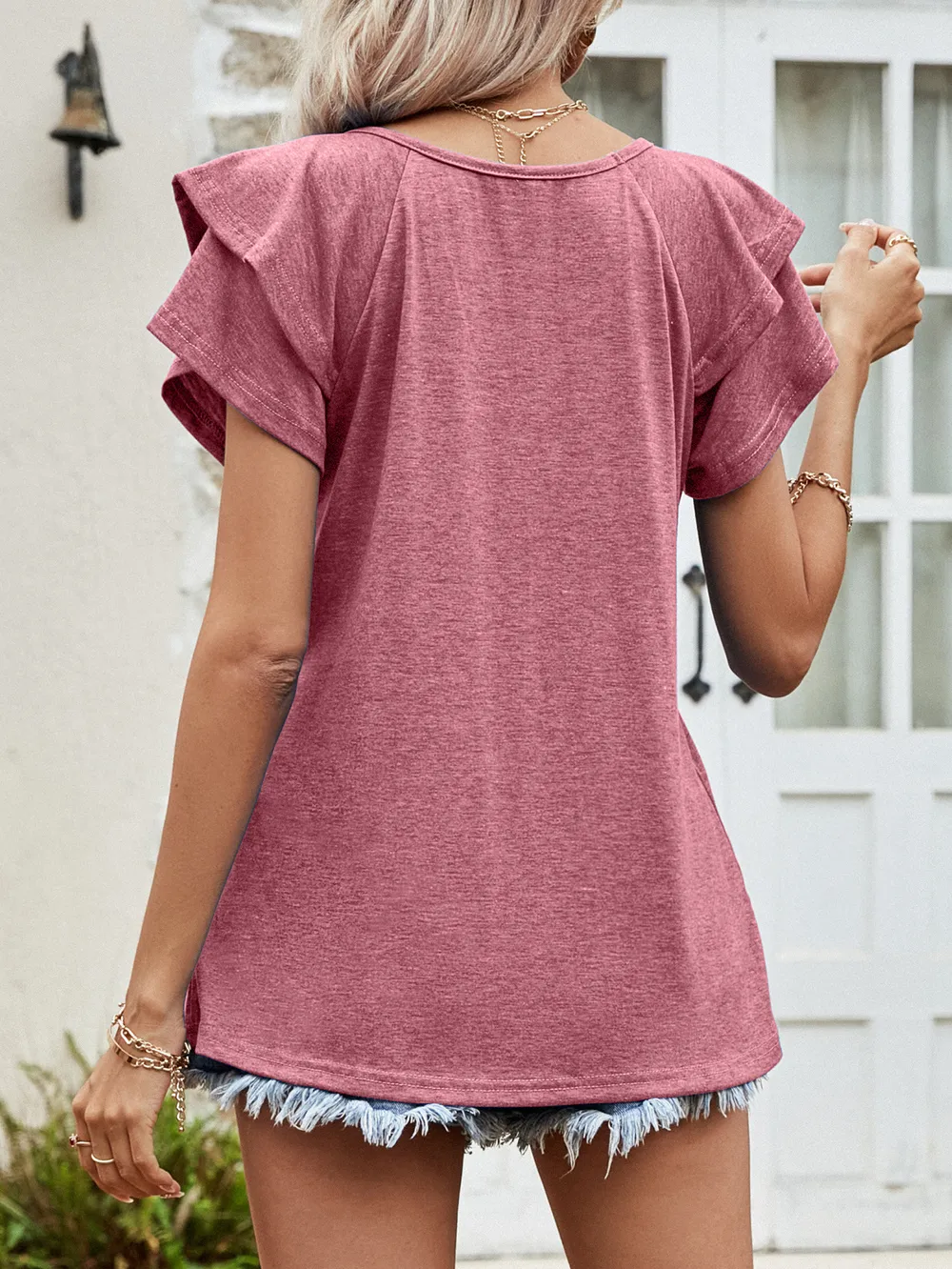 Layered Flutter Sleeve V-Neck Top, image 7