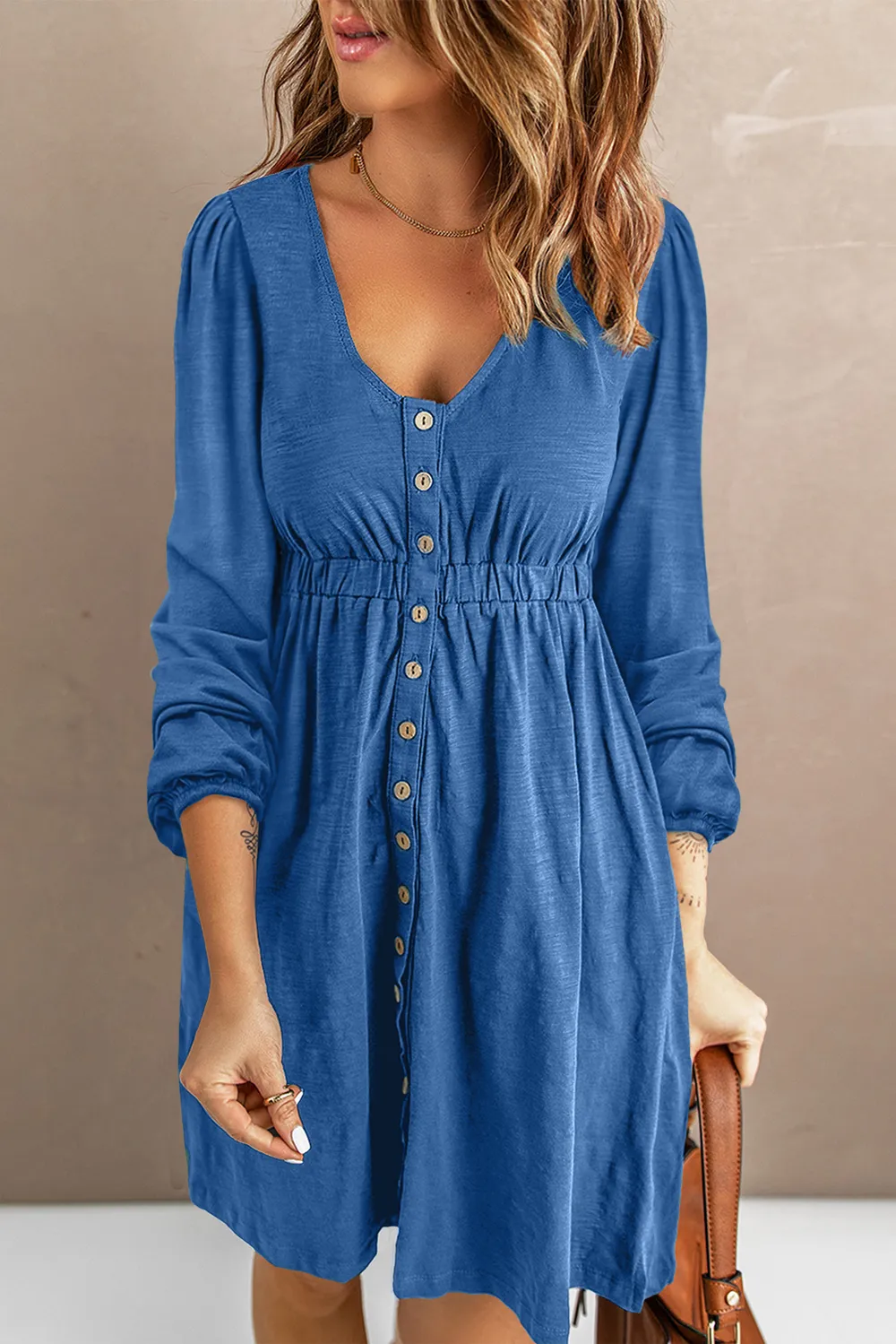 Scoop Neck Empire Waist Long Sleeve Mini Dress, image 6