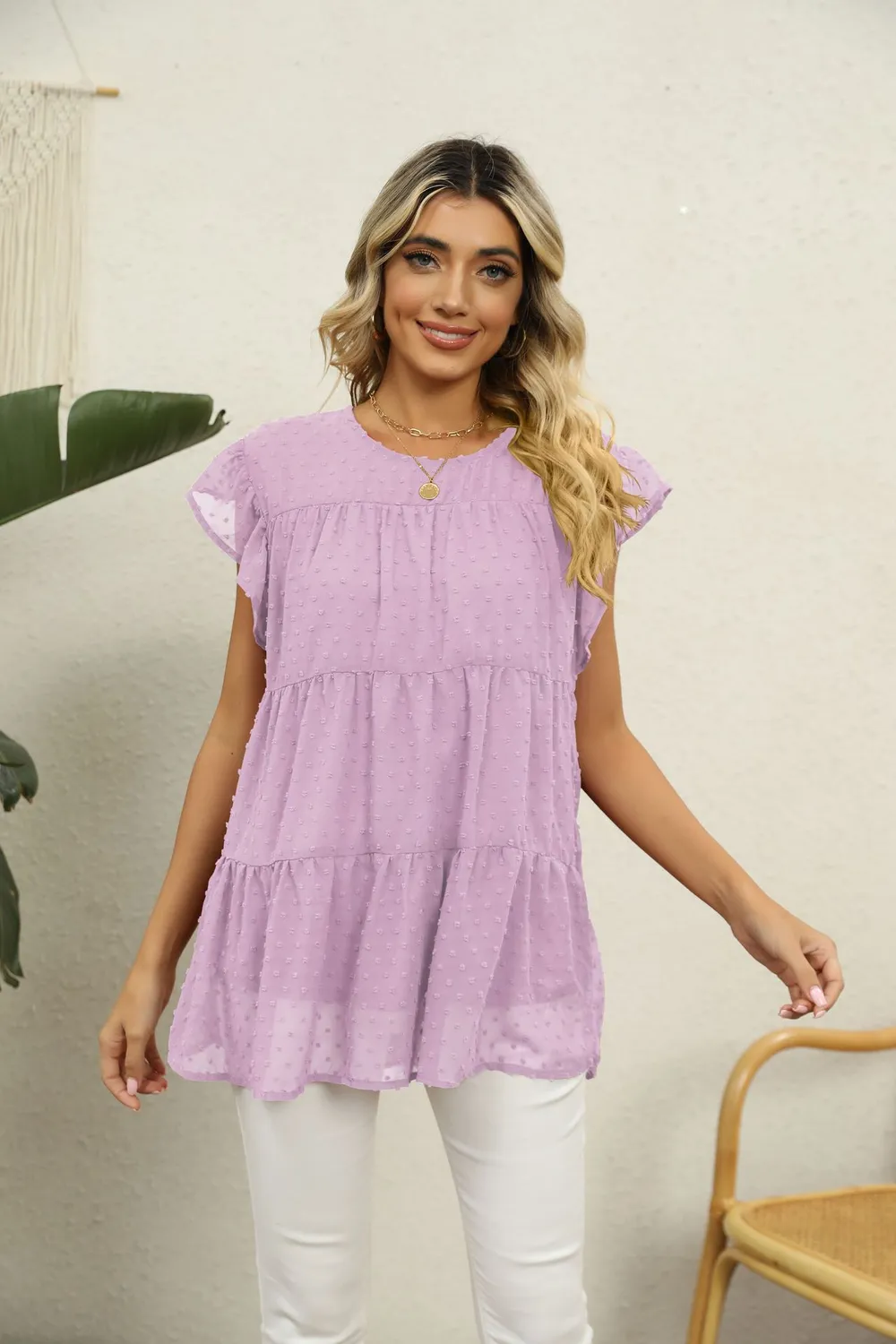 Swiss Dot Round Neck Tiered Blouse, image 2