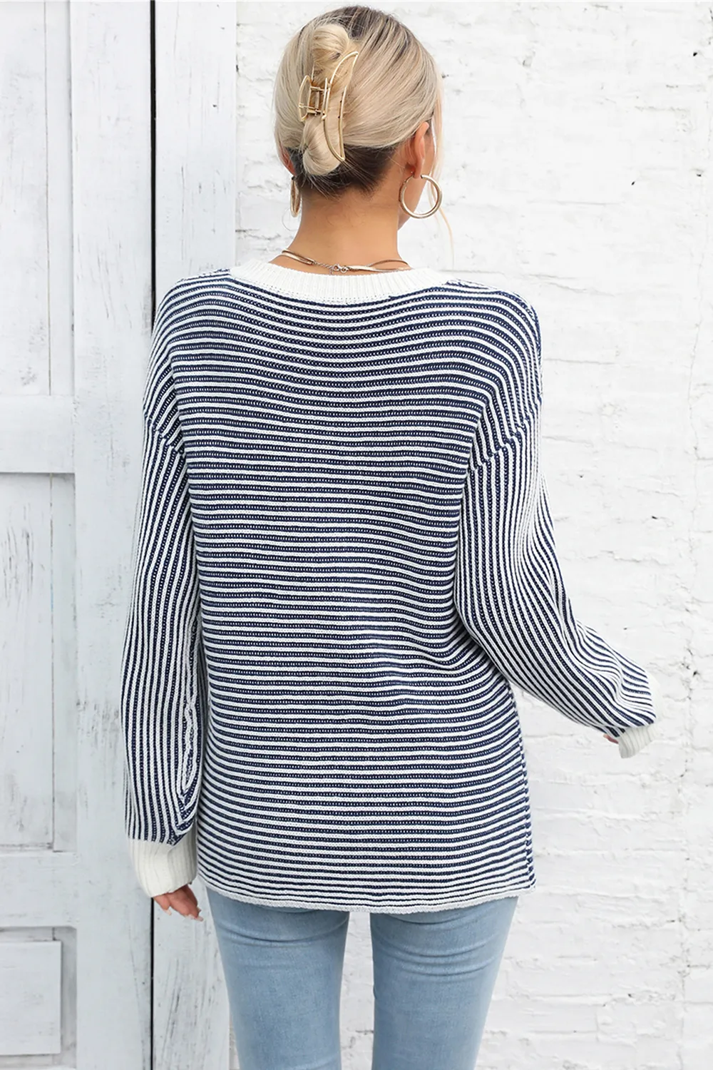 Striped Round Neck Long Sleeve Knit Top, image 4
