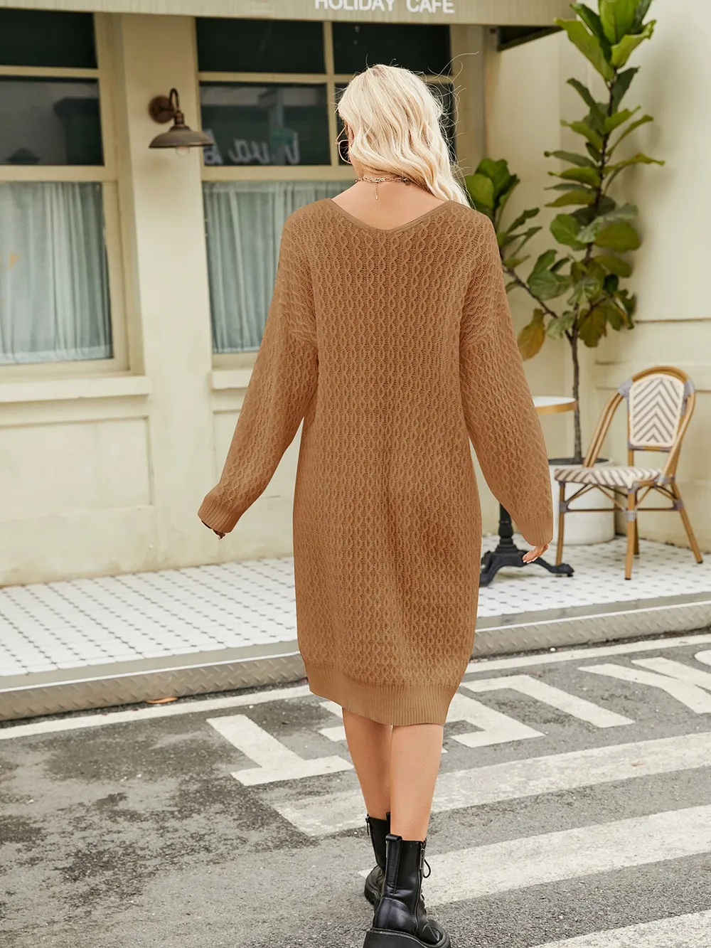 V-Neck Long Sleeve Sweater Dress, image 12