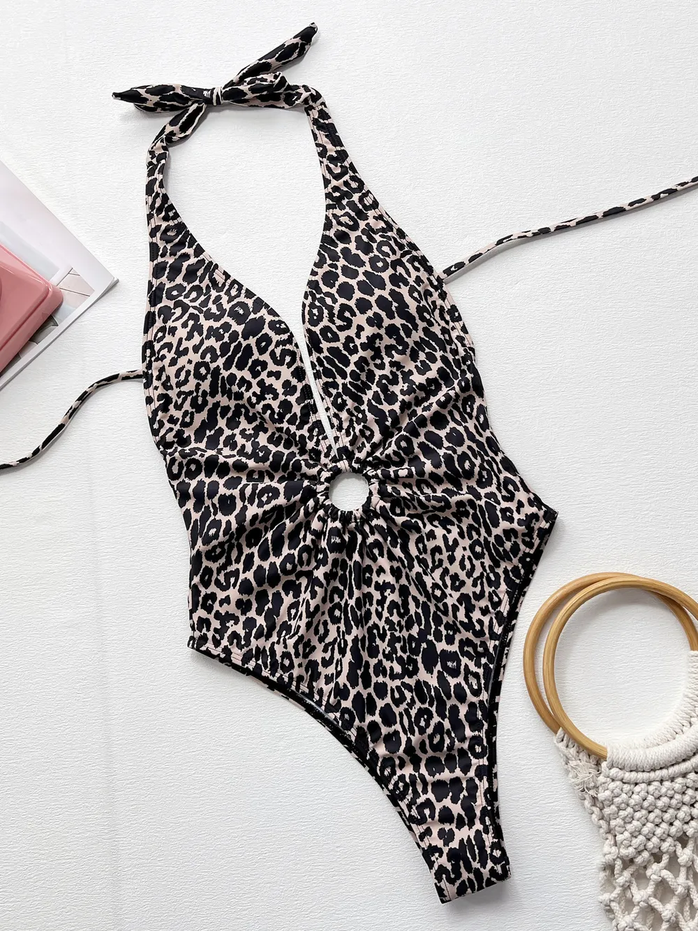 Leopard Halter Neck Ring Detail One-Piece Swimsuit, image 3