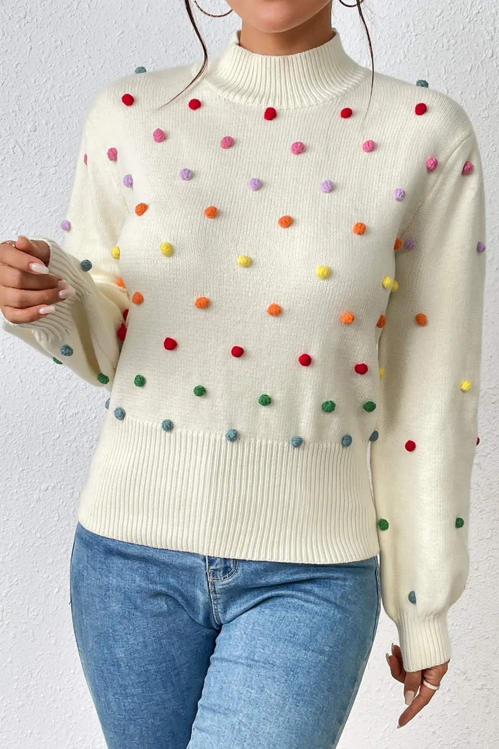 Pom-Pom Trim Mock Neck Long Sleeve Pullover Sweater, image 6