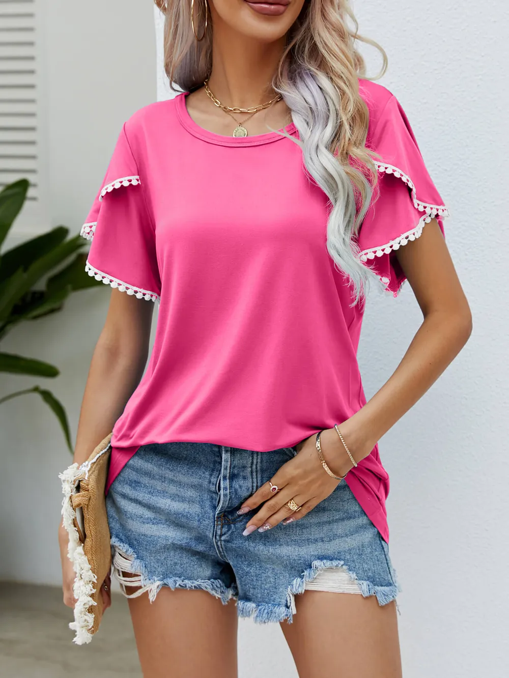 Pom-Pom Trim Flutter Sleeve Round Neck Tee, image 10