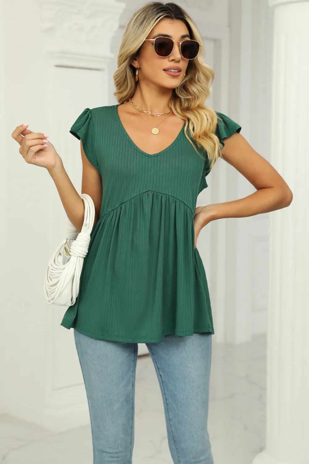 V-Neck Flutter Sleeve Babydoll Blouse, image 11