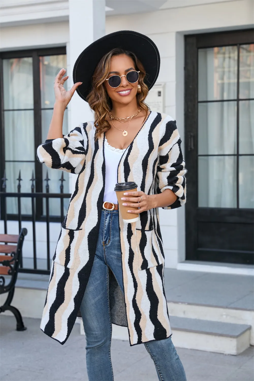 Printed Open Front Pocketed Cardigan, image 3